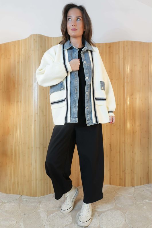 Greenwich Village Knit Bomber Jacket Ecru Blue Denim /9=